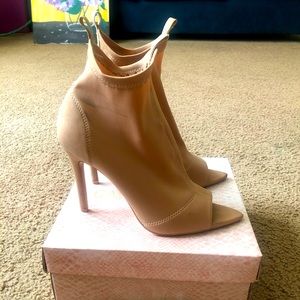 Tan open toe booties